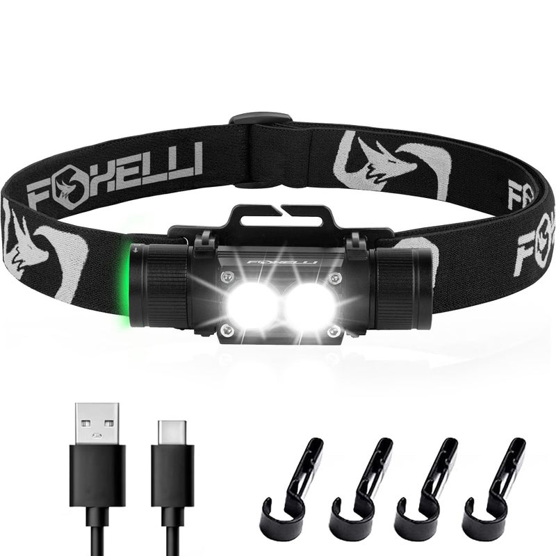 Foxelli Ultra Bright Rechargeable Headlamp â€“ 18650 Battery, IPX7 Waterproof, 1200 Lumen LED Light for Work & Outdoors, with Battery & Hooks - Perfect for Hard Hat or Helmet - Image 1